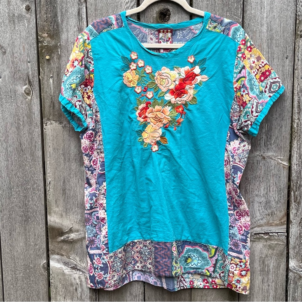 Johnny Was Turquoise Floral Embroidered Tee